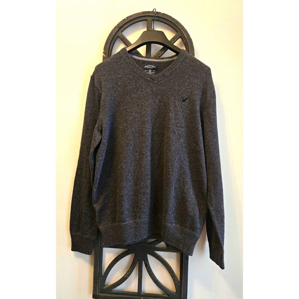 American Eagle Outfitters Men's L Gray Cotton Knit V-Neck Pullover Sweater Logo